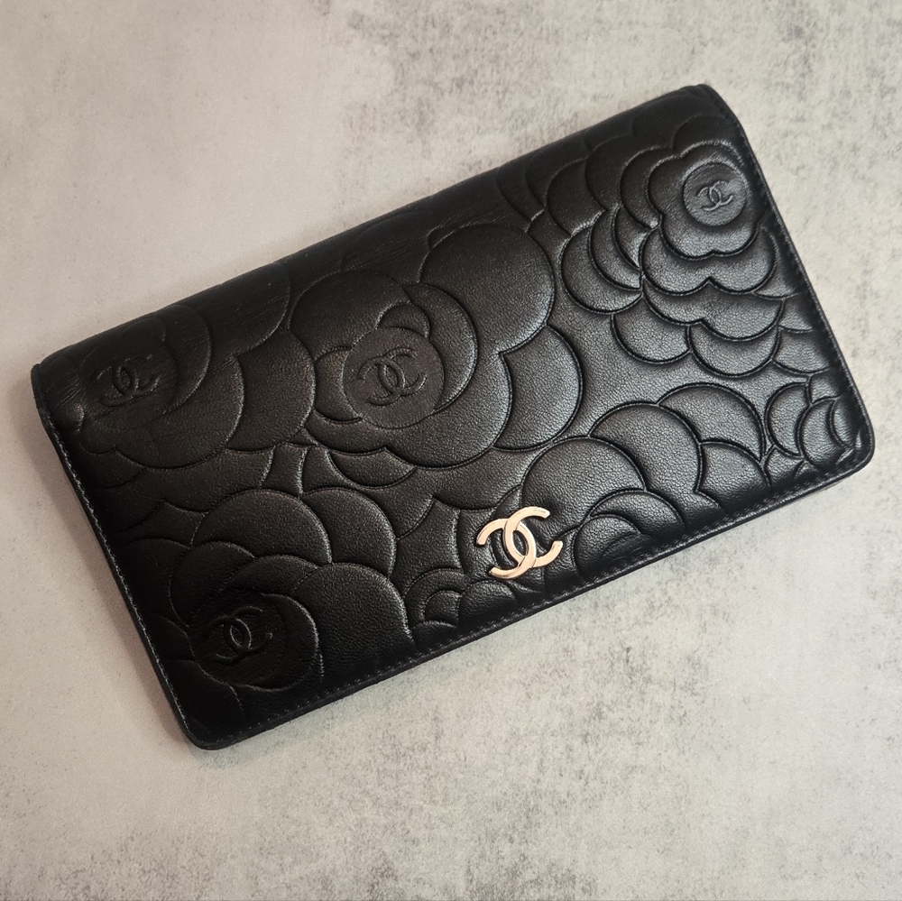 Chanel Lambskin Camellia Embossed Yen Wallet